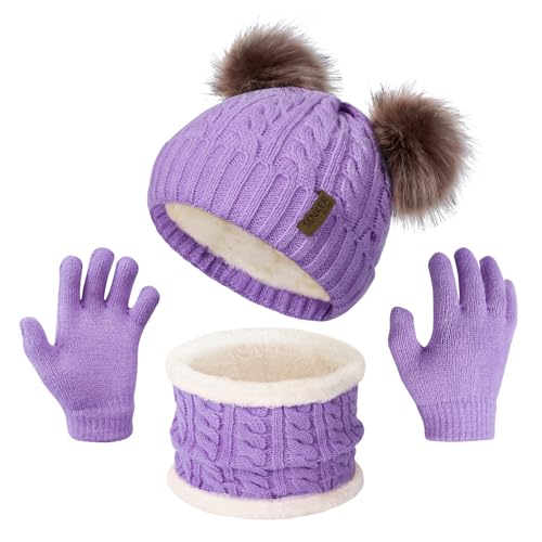 Senker Fashion Winter Beanie Kids Hat and Gloves Set for Girls Boys Toddler Pompom Knit Fleece Lined for Cold Weather