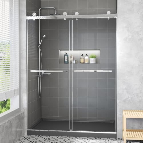 56"-60" W x 76" H Frameless Shower Door, 3/8" (10mm) ANSI Certified Tempered Glass, Double Sliding Bypass, Stainless Steel, Chrome by BATHWILLER - Used condition - US$519.81