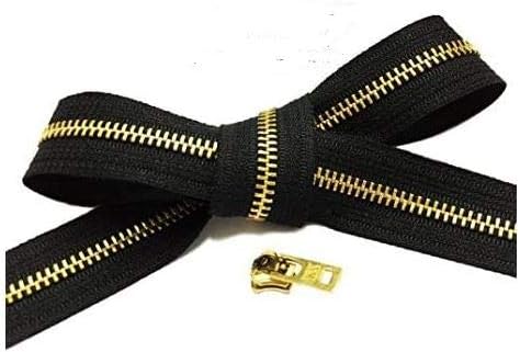 ZipperStop Wholesale YKK® Zipper Repair Kit Solution, #5 Brass Metal Zipper Chain 15 Yards Black with Your Choice of 12 Pulls of YKK® #5 Brass Slider - Made in USA (Auto Locking Jean Pull Slider)