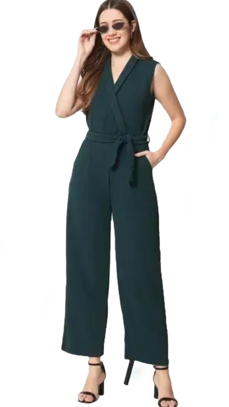 Roop Fashion Women's Sleeveless V-Neck Jumpsuit with Belt, Wide Leg, Forest Green-picture-35