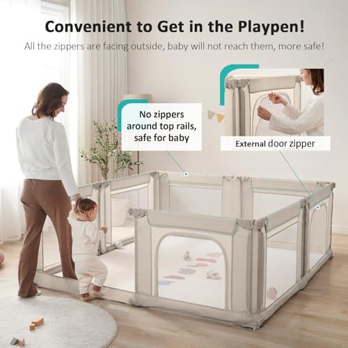 Image of Doradotey Adjustable Baby Playpen with Adult Door, Foldable Large Playpen for Babies and Toddlers, Breathable Mesh Indoor Baby Playard, Safe Fence, 79 x 71 Inch, Cream