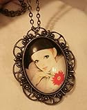 Dainty Scallop Rim Brasstone Pierrot French Clown Cameo Pendant Necklace Brooch UJ-1575