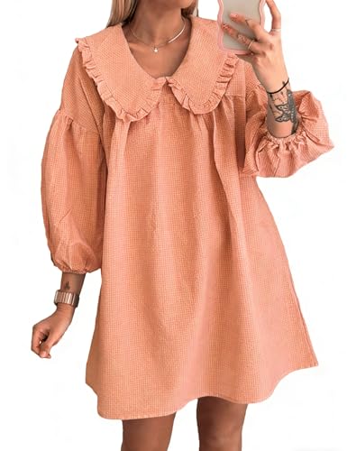 Image of Ynhonra Women's Gingham Mini Dress 3 /4 Puff Sleeve Babydoll Doll Collar