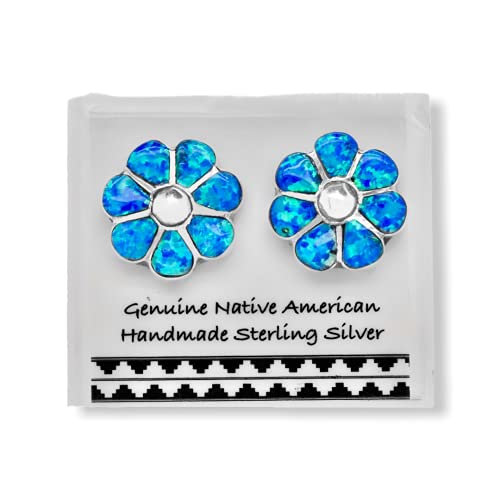 Blue Desert Opal Flower Earrings,925 Sterling Silver, Authentic Native American Handmade in New Mexico, USA, Post Stud, Small Blue Synthetic Opal Jewelry for Women and Girls, Nickel Free