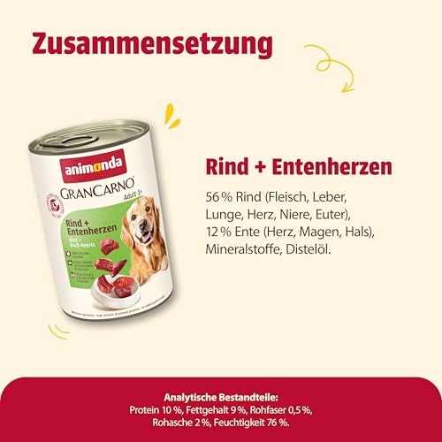 animonda GranCarno Hunde Nassfutter mit Rind + Entenherzen (6 x 400 g), getreidefreies Hundenassfutter ohne Zucker, für ausgewachsene Hunde, mit frischen fleischigen Zutaten