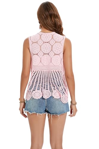 GLEAMISS Women's Crochet Vest Sleeveless Boho Lace Cardigan (Round Flower Pink)2