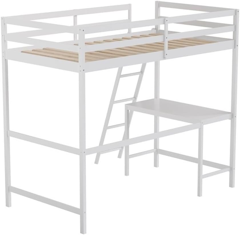 Pemberly Row Twin Wood Slat Loft Bed with Desk and Ladder, White Finish, MDF/Plywood Construction, 78.75" W x 42.5" D x 69.25" H, Space-Saving Design for Kids Playroom or Teen Study Area