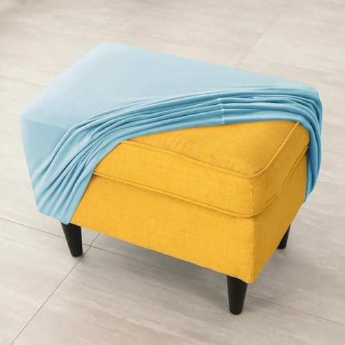 Image of HOKIPO Original Velvet Foot Stool Cover Ottoman Slipcover, Stretch Fitted, Removable Washable, Furniture Cover Protector, Sky Blue (NEW-4801-SBLU)
