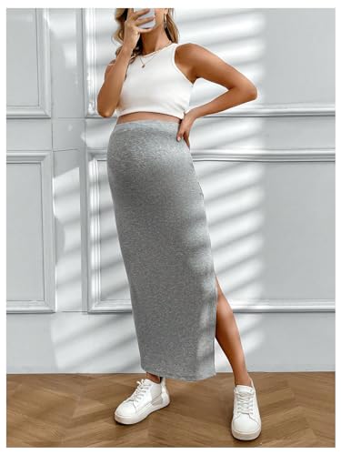 Beaudrm Women'S Maternity Skinny Skirt Ribbed Knit Long Skirt Elastic High Waist Split Maxi Pencil Skirt Grey Small thumb #3