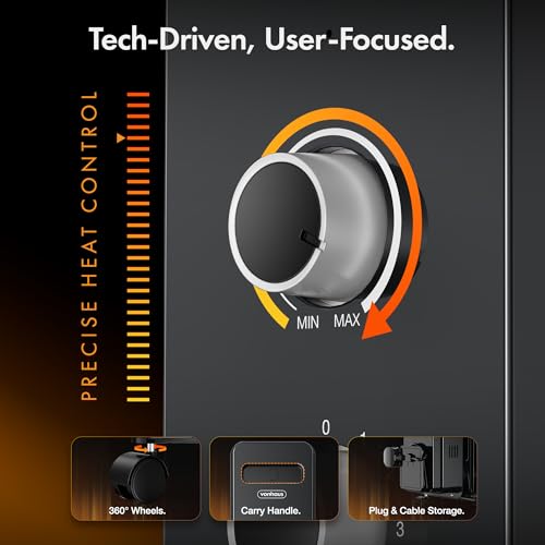 VonHaus Oil Filled Radiator 9 Fin – Oil Heater Portable Electric Free Standing 2000W for Home, Office, Any Room – Adjustable Thermostat, 3 Heat Settings, 4x Wheels, 1.5m Power Cable – 2 Year Warranty