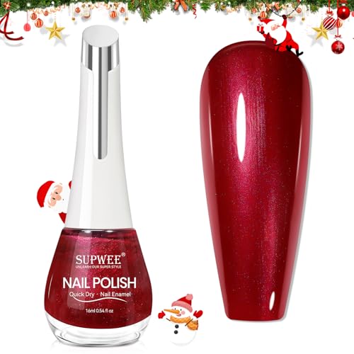 SUPWEE Christmas Nail Polish Quick Dry Cherry Red Nail Polish Burgundy Nail Lacquer Shimmer Iridescent Fingernail Polish for Beginner Finger Toe Manicure DIY 16ml/0.54fl oz