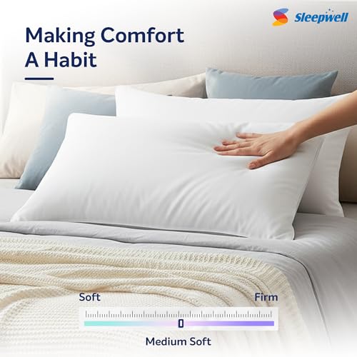 Image of Sleepwell Umang L Pillow | Conjugate Fibre | Neck Support & Pressure Relief | Hypoallergenic & Dust Resistant | Medium Soft Firm | Lightweight & Breathable | Machine Wash | 24x16 Inch | Pack of 2