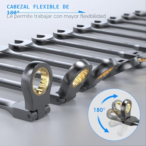 Miniatura 5 de Eneacro Juego De Llaves De Carraca Combinadas, Juego De Llaves Flexibles Antideslizantes De 12 Piezas, Métricas 8-19mm, 72 Dientes, Construidas En Cr-V, Niqueladas Con Bolsa De Almacenaje