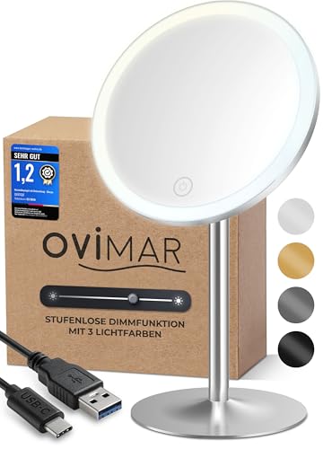 ovimar Kosmetikspiegel Bogo Silber | mit Beleuchtung | wiederaufladbar | freistehend | im Badezimmer | 5fach Vergrößerungsspiegel | Schminkspiegel mit Licht | 360 Grad Spiegel