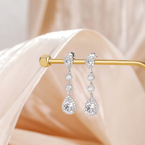EAMTI Silver Dangle Teardrop Earrings for Women Cubic Zirconia Pear Cut Sterling Silver Post Engagement Wedding Birdal Drop Earrings for Brides2