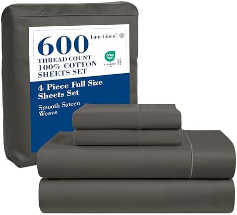LANE LINEN 600 Thread Count 100% Mercerized Cotton Machine Wash Full Size Bed Sheets Set, Fully Elasticized Fitted Sheet, European Closure Pillow Cases, Z Hem Top Sheet, Soft & Comfy Sheets - Charcoal - Thumbnail 3