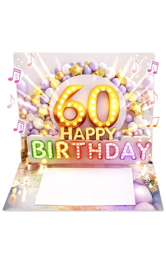 Joli Coon Biglietto auguri 60 anni donna – Biglietto auguri compleanno 60 anni con musica e luce pop up 3D con effetto luminoso, busta e adesivo sigillo – 20 × 15 cm