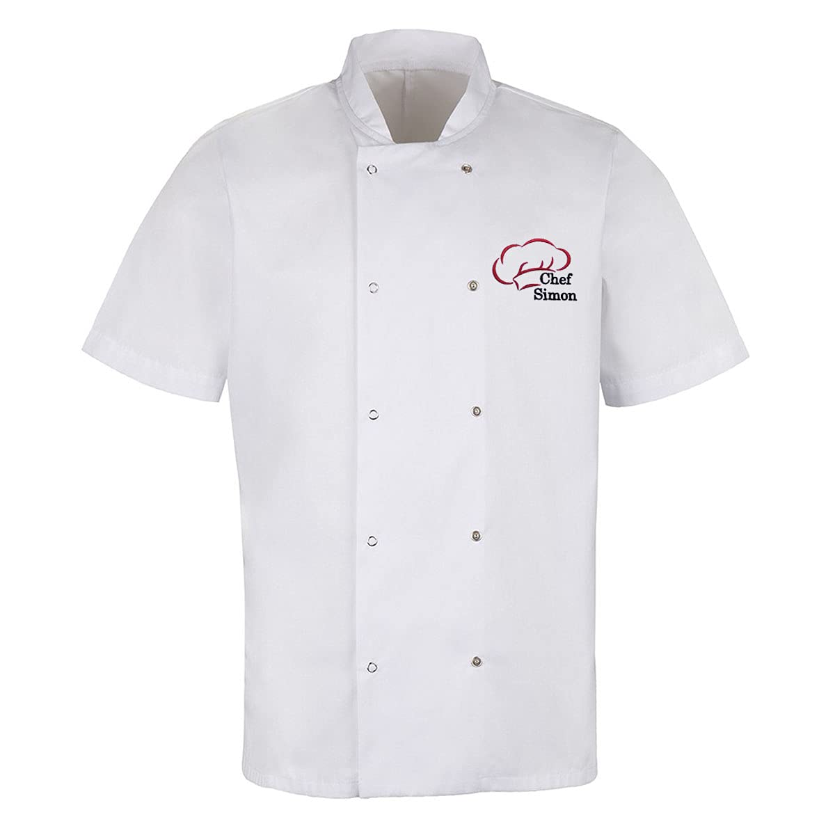 Personalised Custom Embroidered Unisex Short Sleeve Stud Fastening Chef Jacket with Chef Hat Design Logo & Your Name (XL, White)