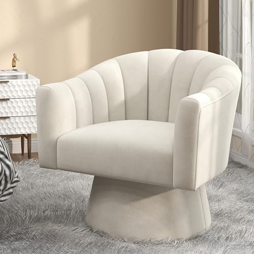 Swivel Accent Chair,Upholstered Velvet 360° Swivel Barrel Chair for Living Room Overstuffed Bouncle Reading Chair Round Armchair for Bedroom,Vanity,Office(Beige) 1 Beige