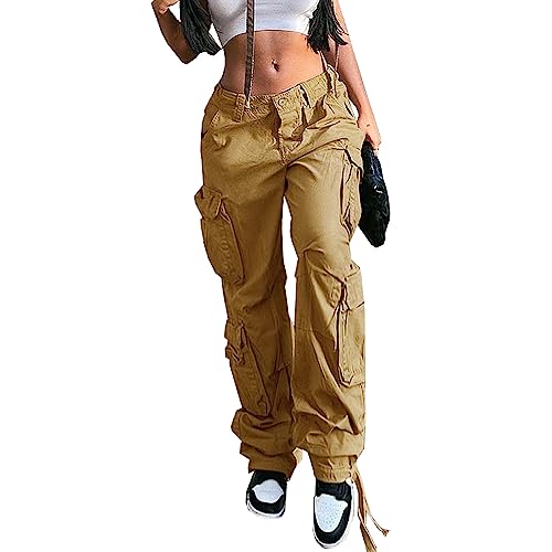 Viatabuna Women's High Rise Straight Leg Y2K Streetwear Cargo Pants Baggy Boyfriend Pants with Pocket Light Brown