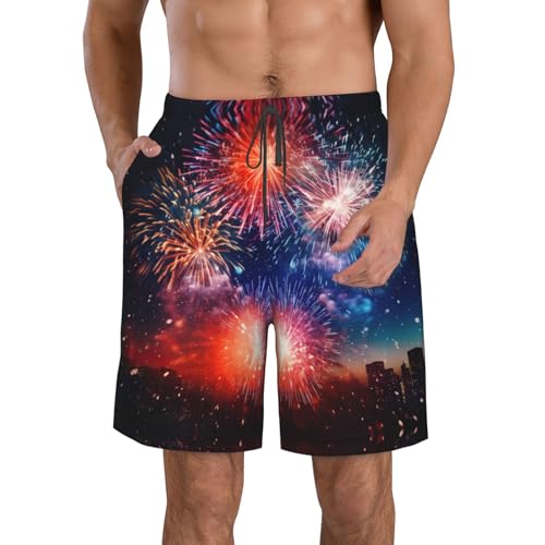Explosion Firework 3D Print Summer Beach Casual Shorts for Men,Perfect for Surfing,Running,and Everyday Wear