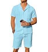 Comdecevis Men's 2 Piece Waffle Button Down Tracksuits Short Sleeve Camp Collar Hawaiian Sets Sum...