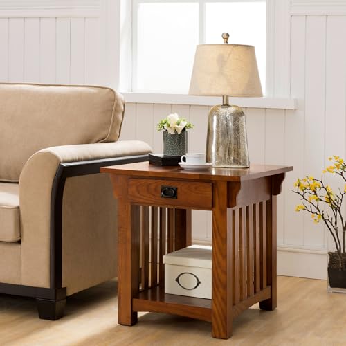 Leick Home Mission End Table, Solid Wood Construction, 1 Storage Drawer, Bottom Display Shelf, Slatted Sides, Easy-Assembly, Medium Oak, 25.0 in. W x 22.0 in. L x 23.0 In. H, 8207