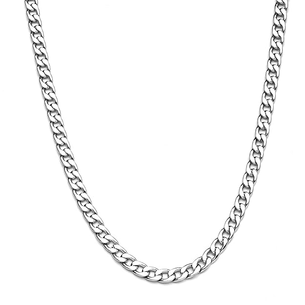 chain 5 mm Curb Silver Chain Flat Cuban Stainless Steel Jewelry Neck Link Chains Necklace for Men & Boys (Silver chain)