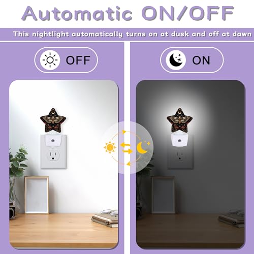 Image of Black Poppy Moth Nightlights Plug in Wall,Mushroom Moon Decorative Star Lamp with Automatic Lighting for Living Space,Gentle Glow for Kids Room,Hallway,Bathroom