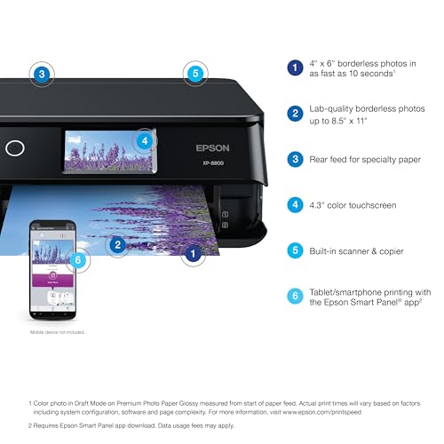 Epson Expression Photo XP-8800 Wireless Printer with 6-Color Claria Ink System, Borderless Printing up to 8.5