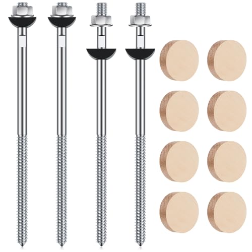Shimeyao 4 Sets Wood Newel Post Mounting Kit with Square Bolts, Curved Washers, Nuts, Red Oak and White Oak Plugs for Stair Railing Handrail Installation, Residential and Commercial