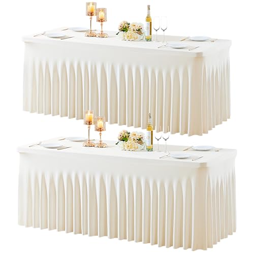 2 Pack Spandex Ivory Fitted Table Cloth for 6ft Rectangle Tables Ivory Stretch Tablecloth Table Covers Banquet Table Clothes Wrinkle Free Table Skirt for Parties Wedding