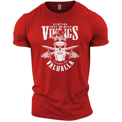 GYMTIER Sons of Odin - Vikings Valhalla - Men's Gym T-Shirt Bodybuilding Training Workout Lifting Top Clothing, Red, M