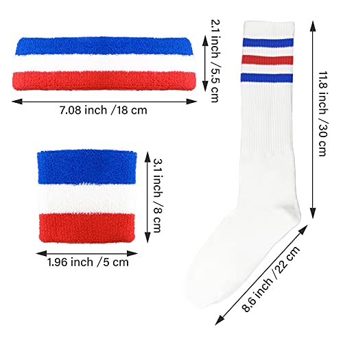 5 Pieces Red White And Blue Sweatbands Set And Striped Socks 80S Sweatbands 90S Costume Wrist Sweat Bands For Men And Women Sports Headbands 80S Workout Gym Fitness Yoga Tennis And Running (Red) #TOP1