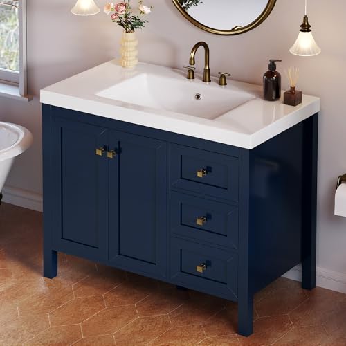 DWVO 42 Inch Bathroom Vanity with Sink Combo, Modern Bathroom Storage Cabinet with Resin Basin, Three Holes, 2 Doors & 3 Drawers, Navy Blue