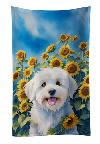 Caroline's Treasures Coton de Tulear in Sunflowers Kitchen Towel Dish Cloths Guest Hand Towel Decorative Bathroom Towel for Face,Tea, Dishcloth, Kitchen and Bath