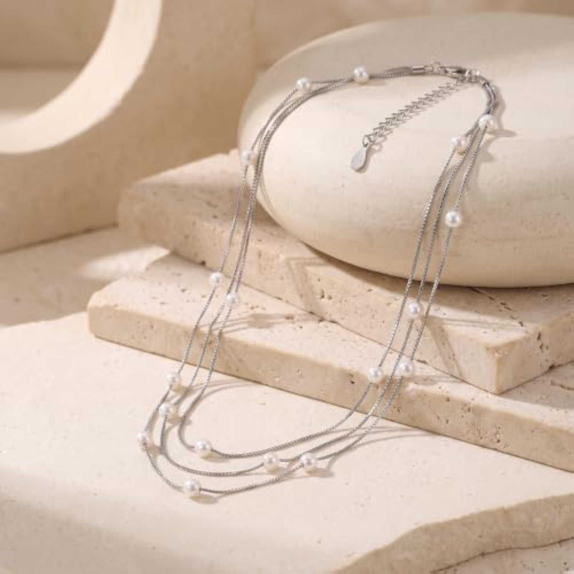 Women's 925 Sterling Silver Pearl Triple Layer Dokiya Necklace