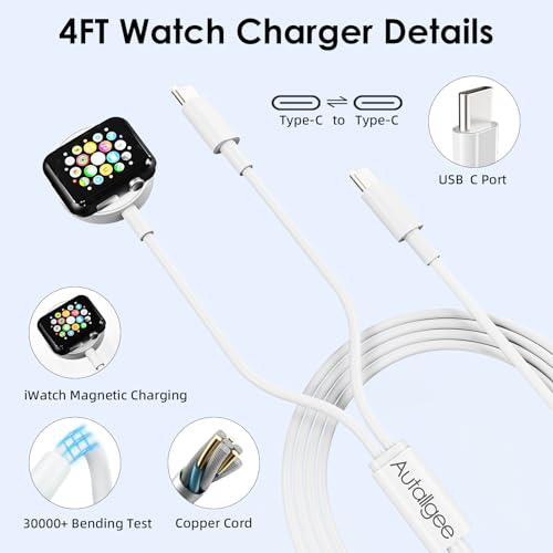 Upgraded [MFi Certified] 2 in 1 USB C Charging Cable for Apple Watch Charger,iPhone 16 15 iWatch Charging Cable Cord with 20W Wall Charger Block for iWatch Series Ultra/SE/10/9/8/7/6/5/4/3/2-4FT - Thumbnail 3