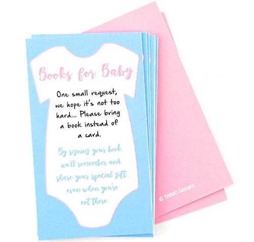 50 Pack Books for baby shower request cards Invite insert card for Book Request Invitation inserts Perfect for gender neutral theme invitations for boy or girl invites Pink and Blue Onesie Design