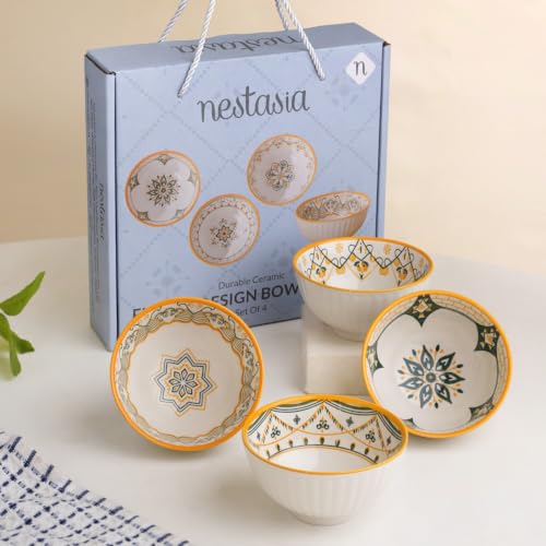 Image of Nestasia Ceramic Snack Bowl Set of 4 (300ml Each) - Dishwasher & Microwave Safe Bowls for Serving Soup, Rice, Dal, & Salad | Geometric Printed Bowls with Glossy Finish - Ideal for Gifting