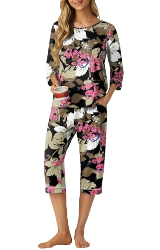 Image of PrinStory Womens Pajama Sets Capri Pjs Soft Lounge Sets XS-4XL