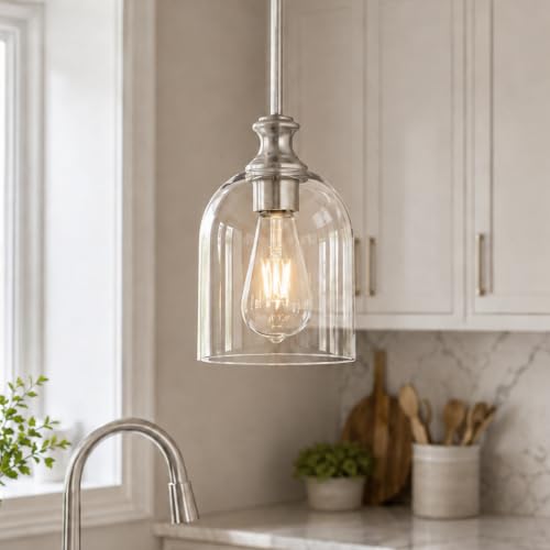 AUTELO Modern Brushed Nickel Pendant Lights Kitchen Island Cylinder Glass