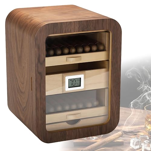 QIUNAOZI Coffret À Cigares Multicouches, Cave À Cigares Grande Capacité, Rangement pour Cigares, Bois De Cèdre Naturel,Hygromètre Numérique, Cadeau pour Les Amateurs De Cigares Noskylight-Walnutwood