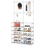 Laiensia 5-Tier Entryway Coat Rack, Coat and Shoe Rack, Entryway Bench Storage Organizer with 8 Hooks for Bedroom, Hallway, Office, White