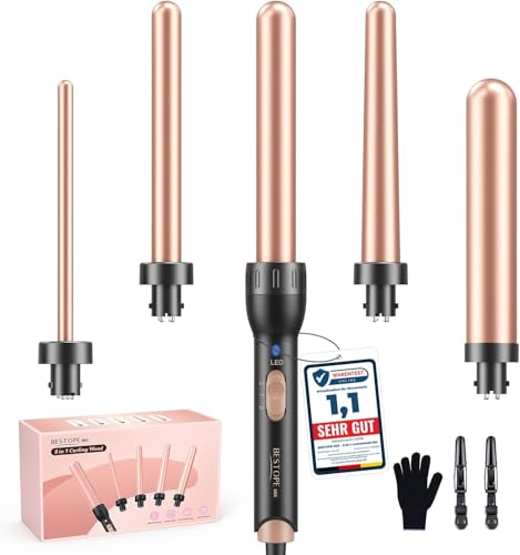 BESTOPE MIX Rizador Pelo Ondas Plancha Ondas, 5 en 1 Rizador de Pelo para rizos grandes y pequeños, Ondulador de Pelo Cerámico 9 32mm Tenacillas Pelo con Calentamiento Rápido 2 Temperatura Regulable