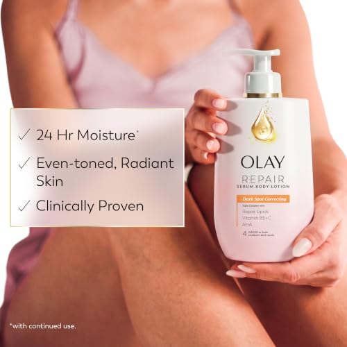 Image of Olay Dark Spot Correcting Body Lotion for Women, 24HR Moisture, Fast-Absorbing Care, with Vitamin B3, AHA, & Vitamin C, Free of Parabens & Phthalates, Vibrant Citrus & Soft Florals Scent, 17 fl oz