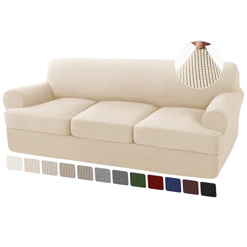 Turquoize 4 Pieces Sofa Covers Sofa Slipcovers for 3 Cushion Couch Cover Stretch Sofa Slip Cover Furniture Covers with 3 Individual T Cushion Seat Covers, Washable (3 Cushion Sofa, Biscotti Beige)