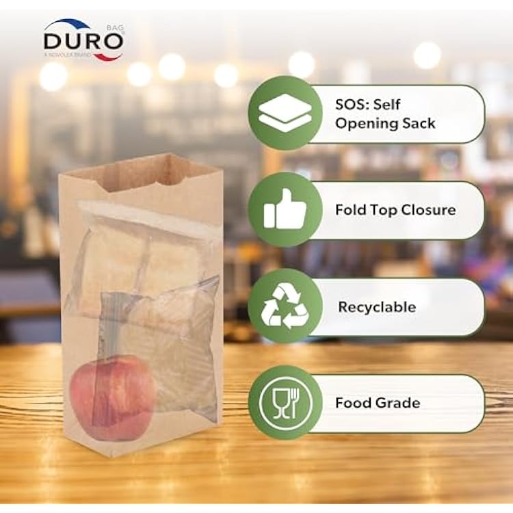 Duro 4# Kraft Paper Lunch Bags 100 Count - Bulk Disposable Paper Sacks, Dubl Life SOS Brown Bag for Candy, Snacks & Treats - 5.00 x 3.12 x 9.75 Inches