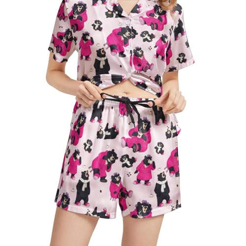 Image of Silk Satin Pajama Set for Women Summer Lounge Pjs Sets 2 Piece Suit Ladies Button Down Tops And Shorts Sleepwear