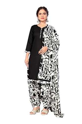 Black Cotton Blend Printed Ready to Wear Patiala Salwar Suit (Rea...